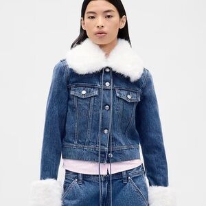 GAP x Sandy Liang Blue Denim Jacket with White Faux Fur Collar & Cuffs